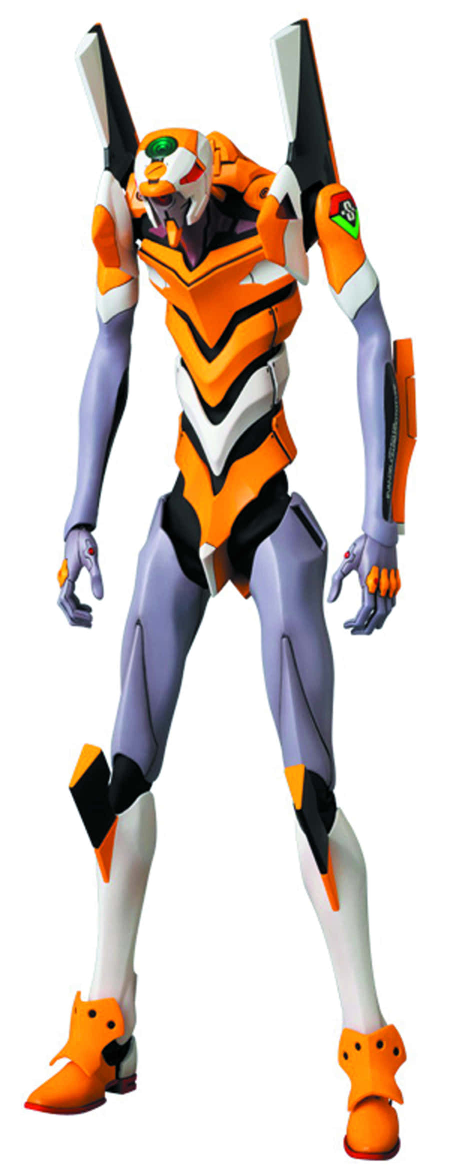 Eva-00 桌布 壁紙 — 一座高聳的橙色和紫色 Evangelion 機體以完整姿勢矗立在純白背景前。