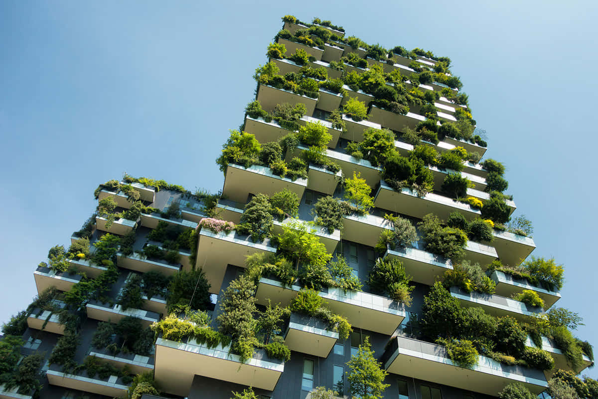 Green Buildings 桌布 壁紙 — 一座高聳的現代建築，覆蓋著茂密的綠色植物和樹木，映襯著清澈的藍天。