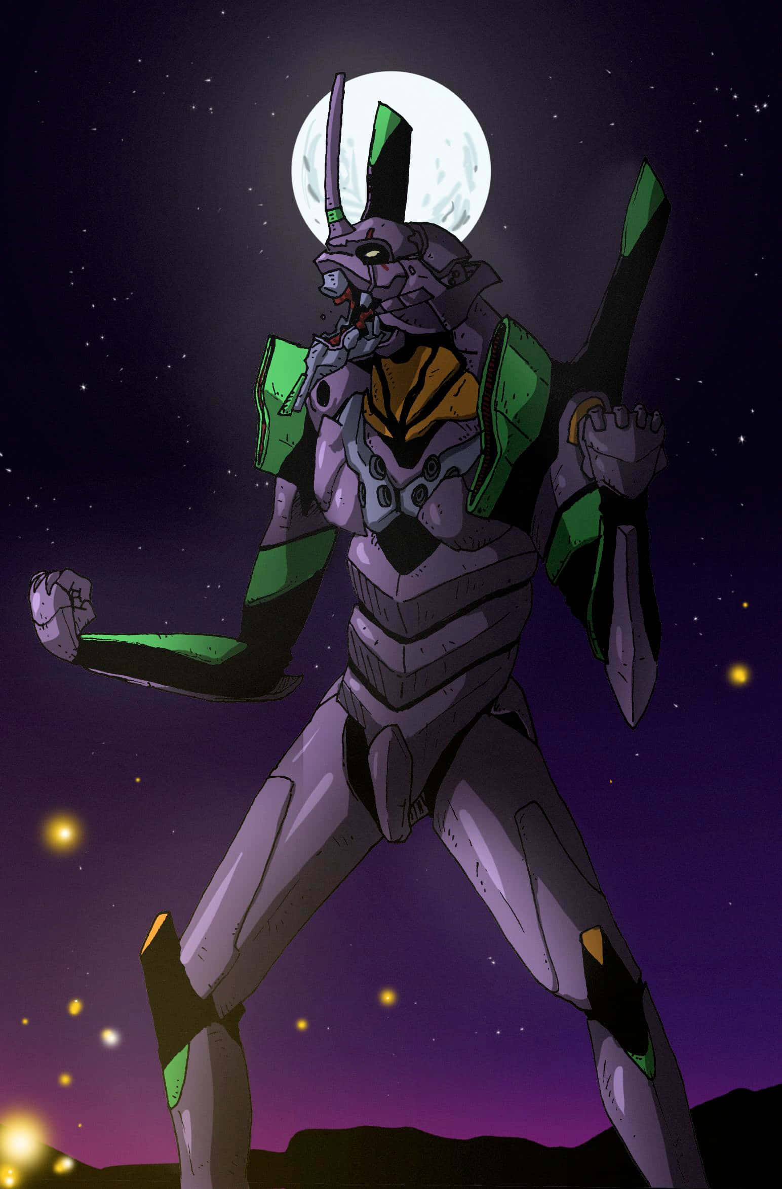 Eva 01 桌布 壁紙 — 一座高聳的紫色和綠色 Evangelion 機體站在滿月下，背景是繁星點點的夜空，下方有發光的燈光。