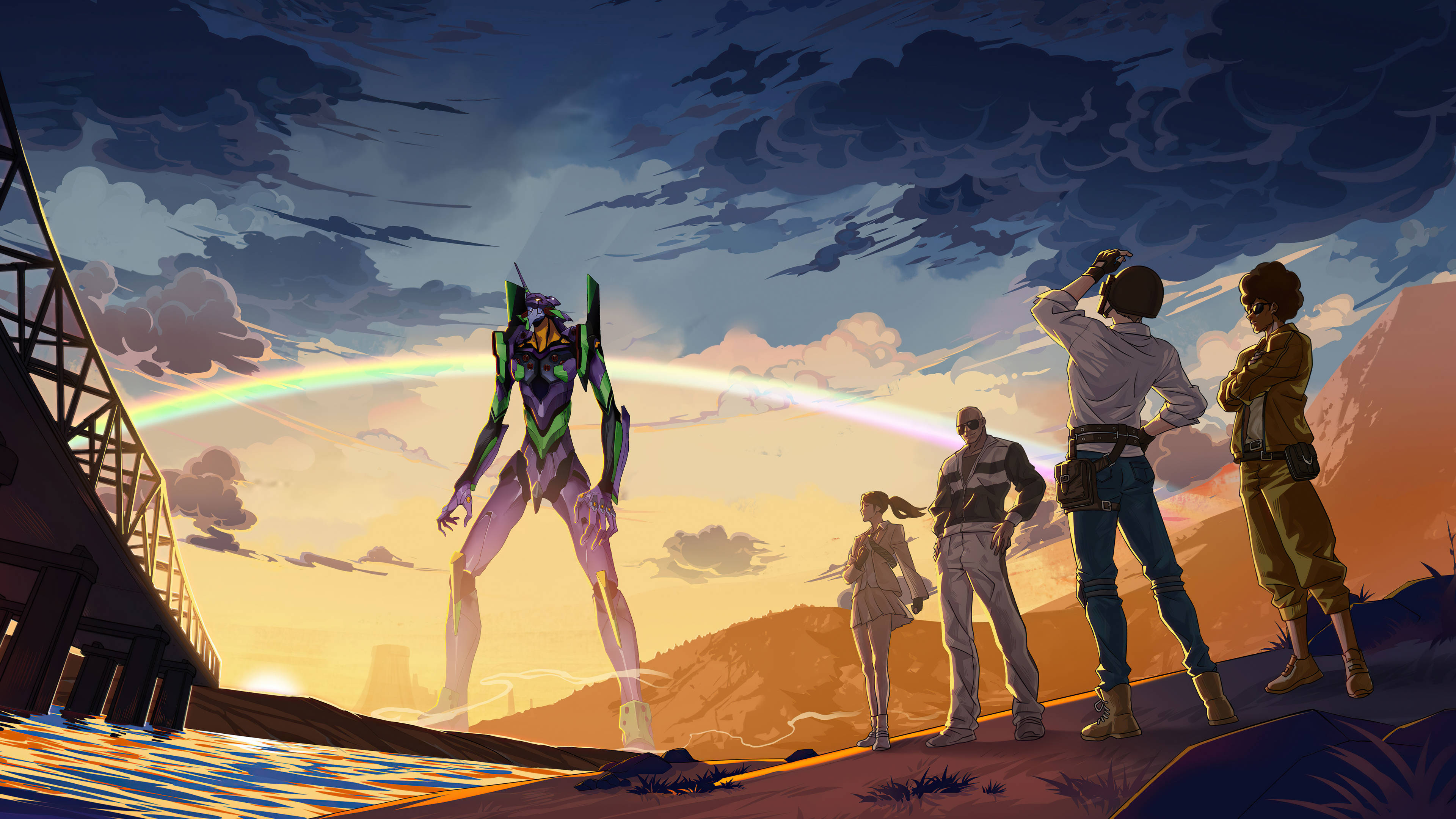 PUBG 桌布 壁紙 — 一座高聳的綠色和紫色 Evangelion 機體矗立在夕陽上拱起的彩虹前，四個人類敬畏地仰望。