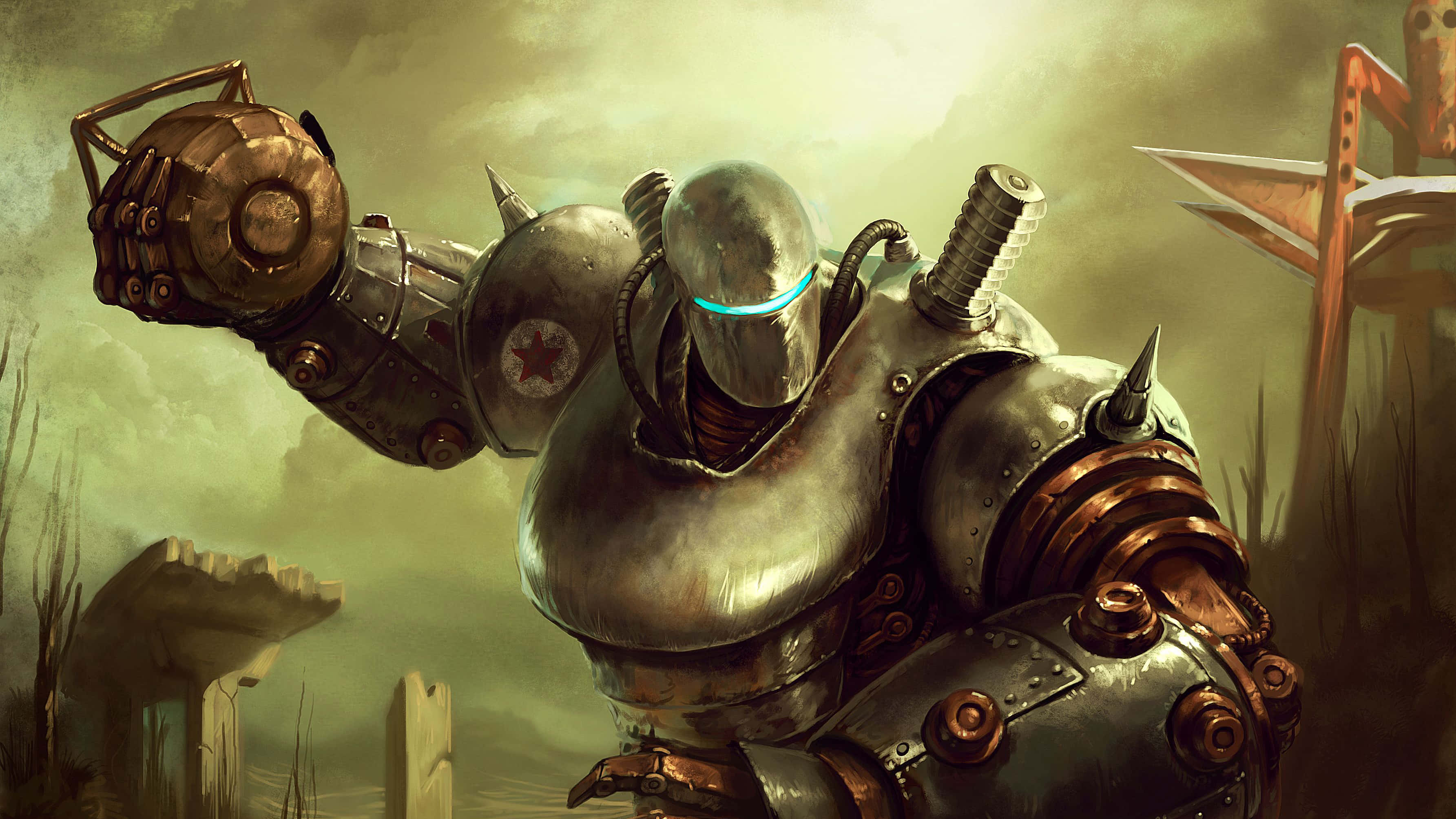 Liberty Prime 桌布 壁紙 — 一座高聳的裝甲機械人，擁有發光的藍色眼睛，在朦朧的天空下，挑釁地站在荒涼、雜草叢生的廢土上。