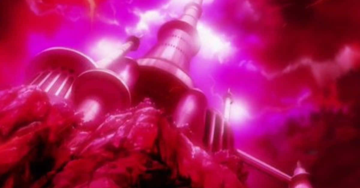 Planet Vegeta 桌布 壁紙 — 一座高聳的金屬結構從鋸齒狀的紅色岩石中冒出，上方是旋轉的洋紅色風暴天空。