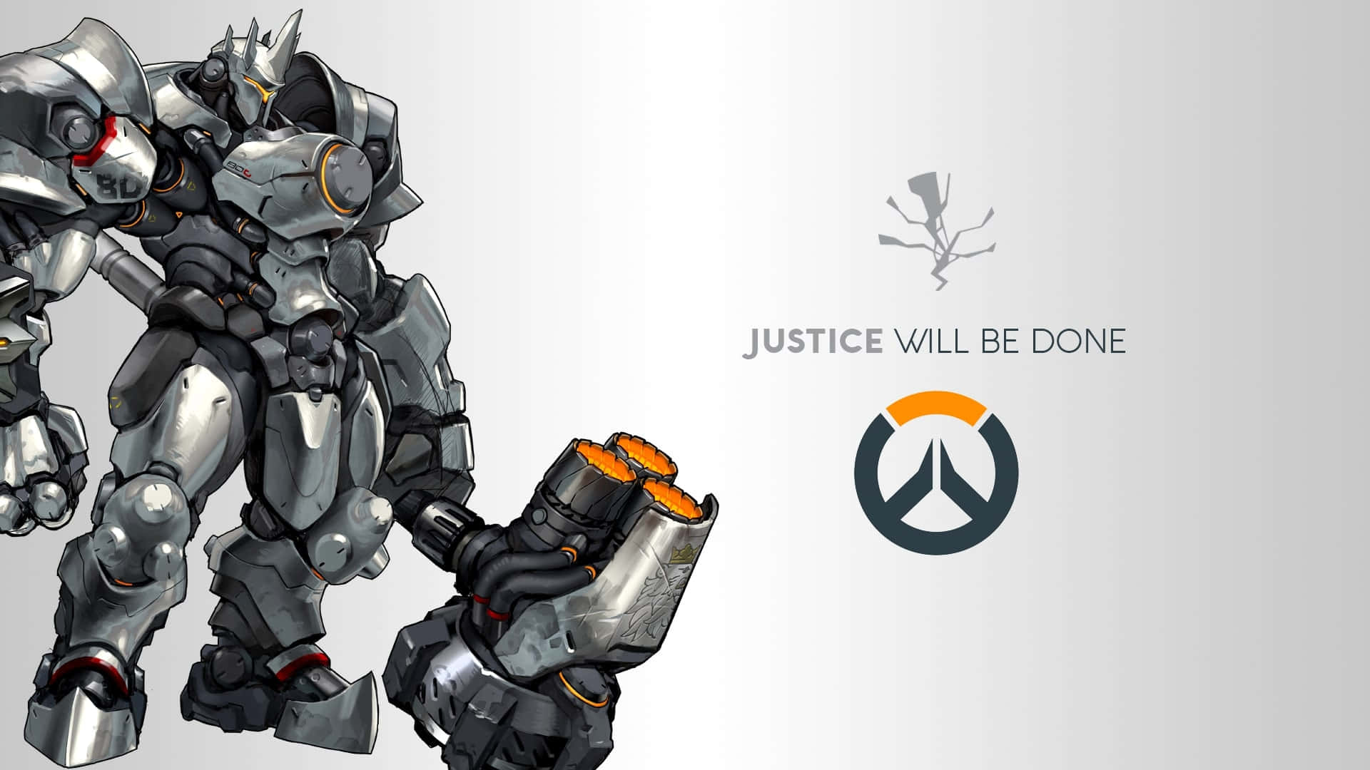 Overwatch Reinhardt 桌布 壁紙 — 一座高聳的銀黑色裝甲機甲，配備發光的橙色加農炮，站在 Overwatch 標誌和標語「正義必將伸張」旁邊。