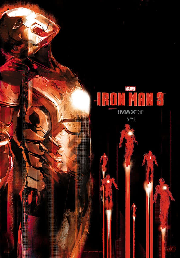 Iron Man Movies 桌布 壁紙 — 一座高聳的鐵甲奇俠戰甲在黑色背景下發出紅光，較小的戰甲沿著光跡上升，形成電影感海報。