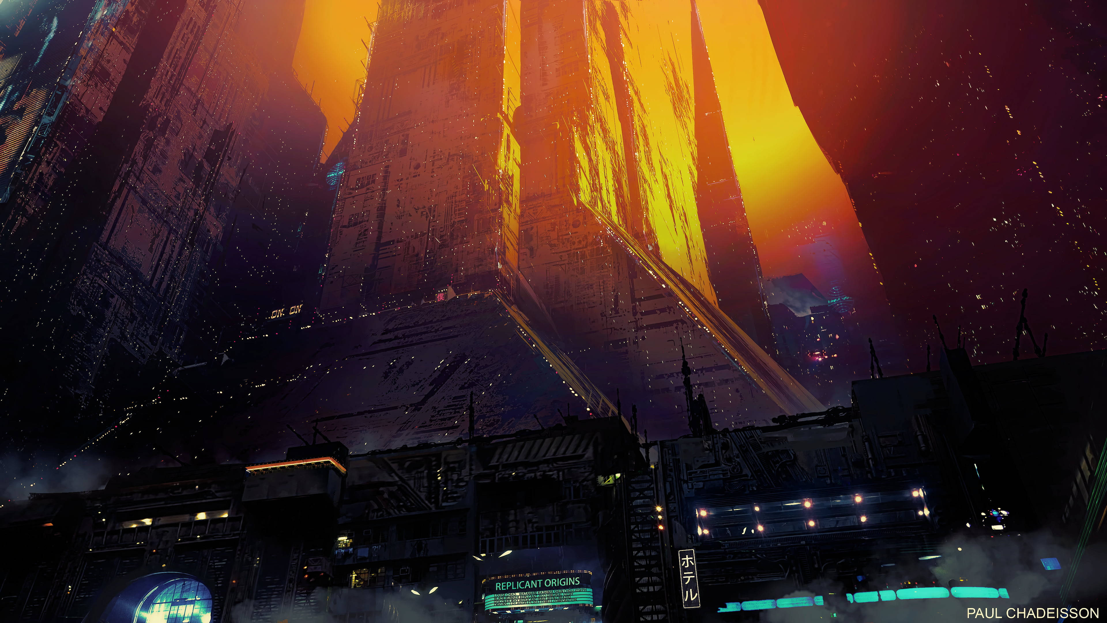 4K 桌布 壁紙 — 一座高聳的霓虹燈光 cyberpunk 摩天大樓主宰著黃昏時分雨濕的未來城市景觀。