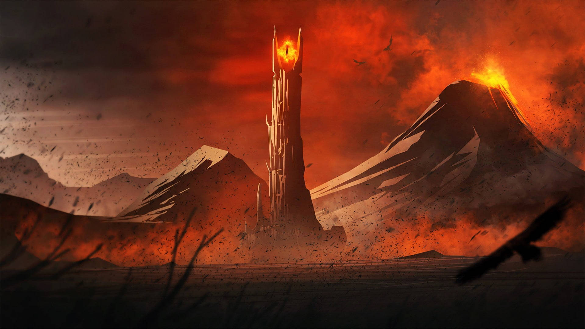 Lord Of The Rings Landscape 桌布 壁紙 — 一座高聳的黑暗尖塔在血紅色的天空下噴出火焰，背後火山噴發熔岩。