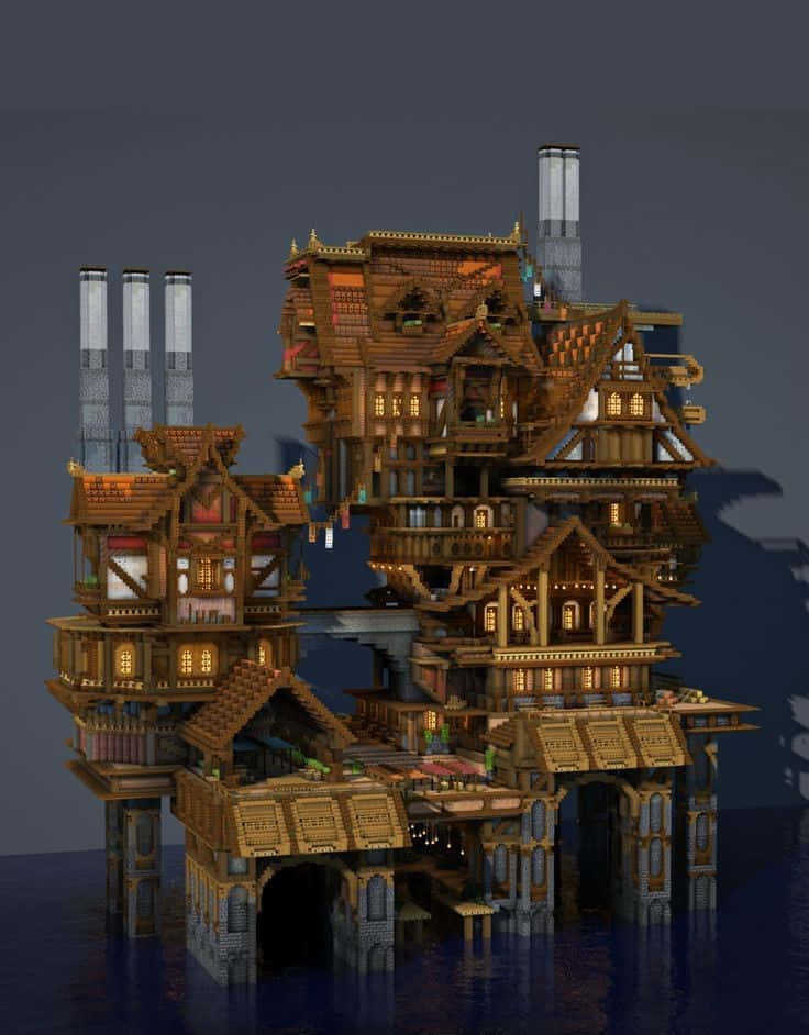 Minecraft Architecture 桌布 壁紙 — 一座高聳精緻的木造大宅，窗戶發光，漂浮在暮色天空下的黑暗水面上。
