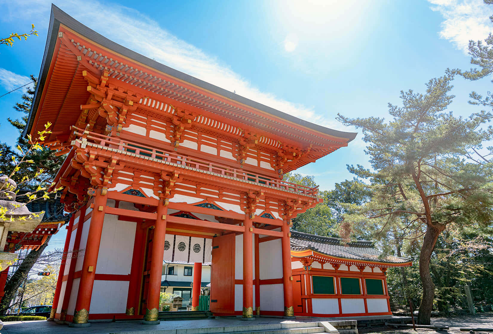 Japanese 桌布 壁紙 — 一座鮮紅色的傳統日本寺廟大門在明亮的藍天下高聳，陽光穿過周圍的松樹灑落。