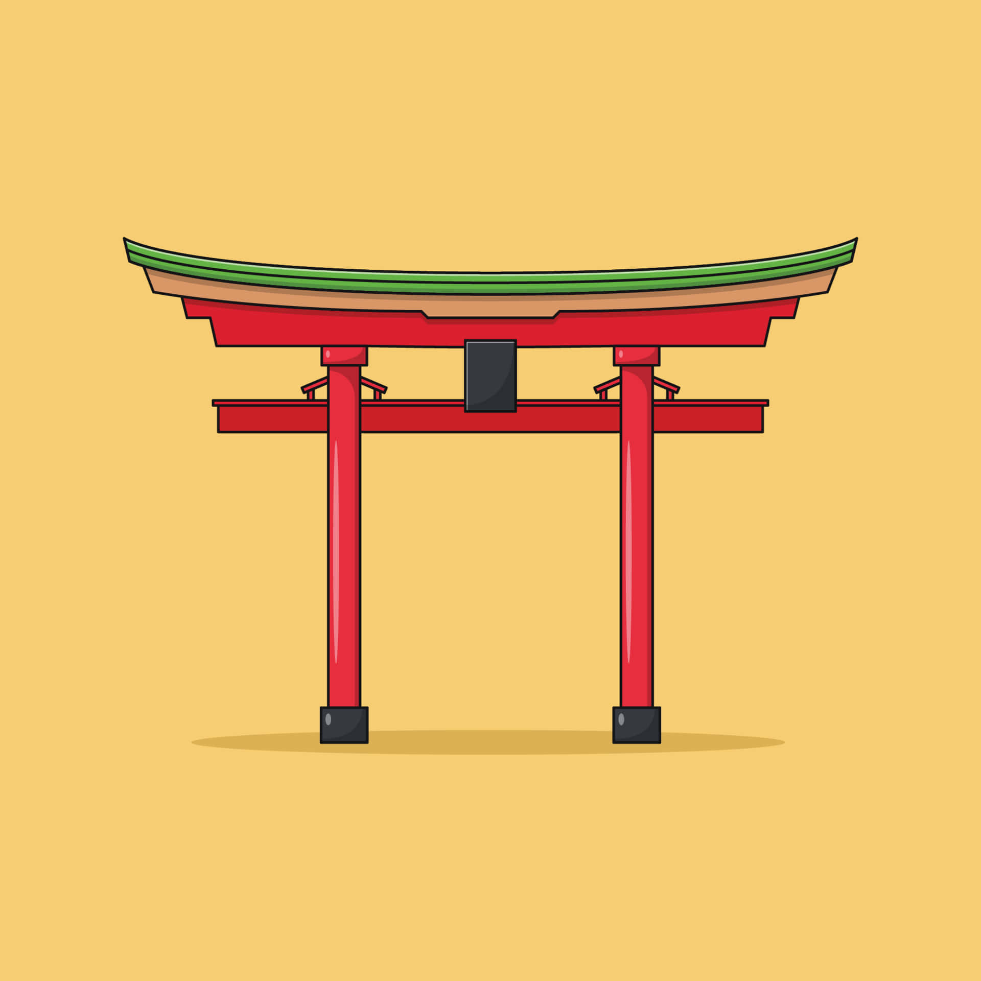 Shinto 桌布 壁紙 — 一座鮮紅色的日本鳥居，帶有綠色屋頂，居中矗立在純芥末黃色背景上。
