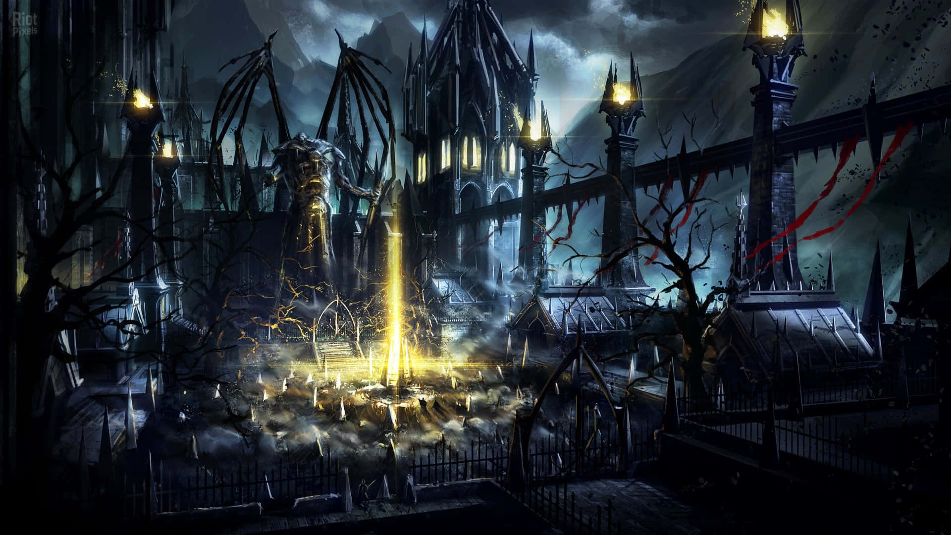 Demon Realm 桌布 壁紙 — 一座黑暗的哥德式城堡，帶有發光的窗戶和一道中央金色光束，穿透暴風雨的天空和光禿的樹木。