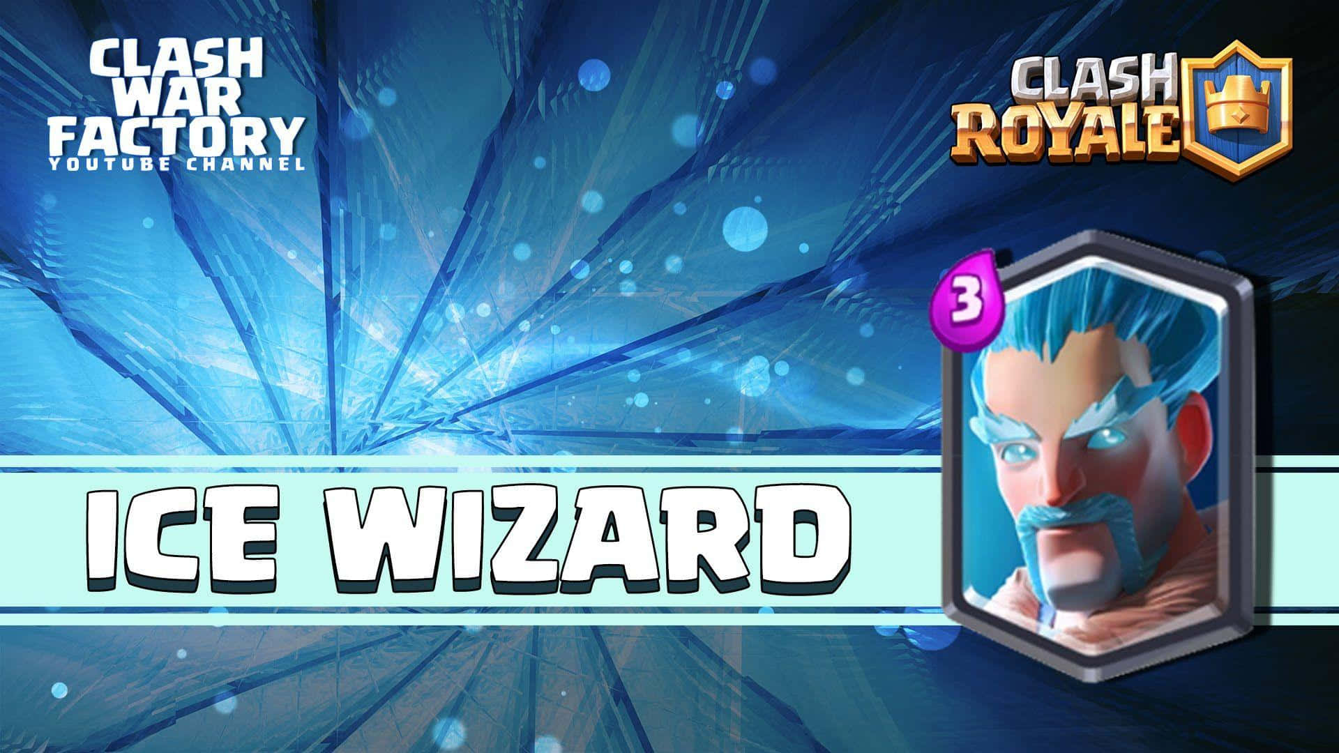 部落衝突：皇室戰爭 桌布 壁紙 — 一張 Clash Royale 冰法師卡牌，帶有冰藍色頭髮和鬍鬚，背景為發光的藍色水晶。