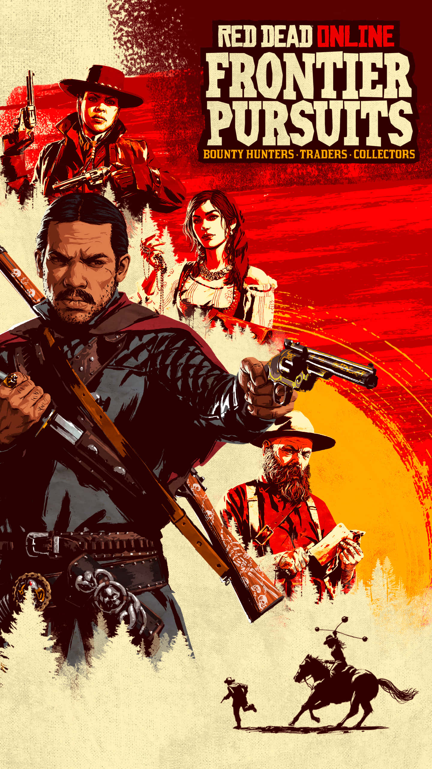 Red Dead Online Frontier Pursuits - PC 壁紙 — 一張 gritty 西部遊戲海報，描繪持槍牛仔和騎馬騎士，背景是火紅和橙色的色調。