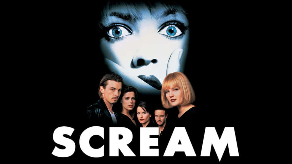 Scary Movies 桌布 壁紙 — 一張《奪命狂呼》的恐怖電影海報，背景為黑色，一個鬼魅般的藍面女人籠罩著五個驚恐的演員。