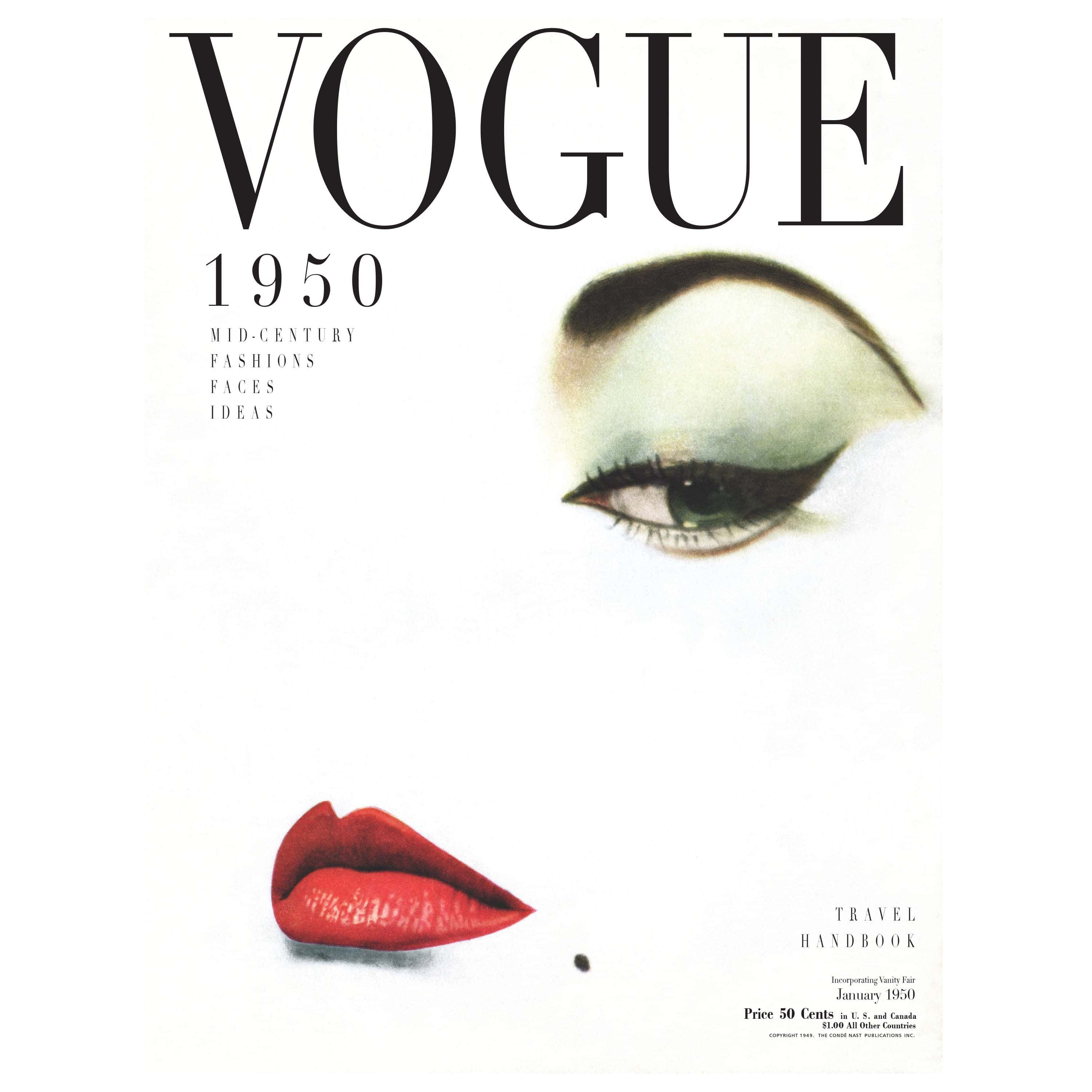 Magazine 桌布 壁紙 — 一張1950年復古Vogue封面，特寫女性眼睛和嘴唇，背景為純白色。