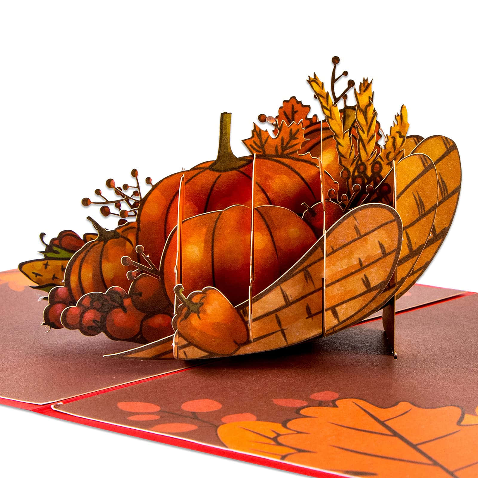 Fall Cornucopia 桌布 壁紙 — 一張3D立體彈出卡，在白色背景的籃子裡擺放著南瓜、葡萄和秋葉。