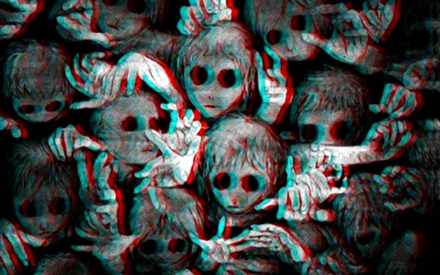 Spooky Halloween 桌布 壁紙 — 一張令人不安的3D立體影像，顯示眾多幽靈般的兒童面孔和手從黑暗中浮現，帶有紅色和青色邊緣。