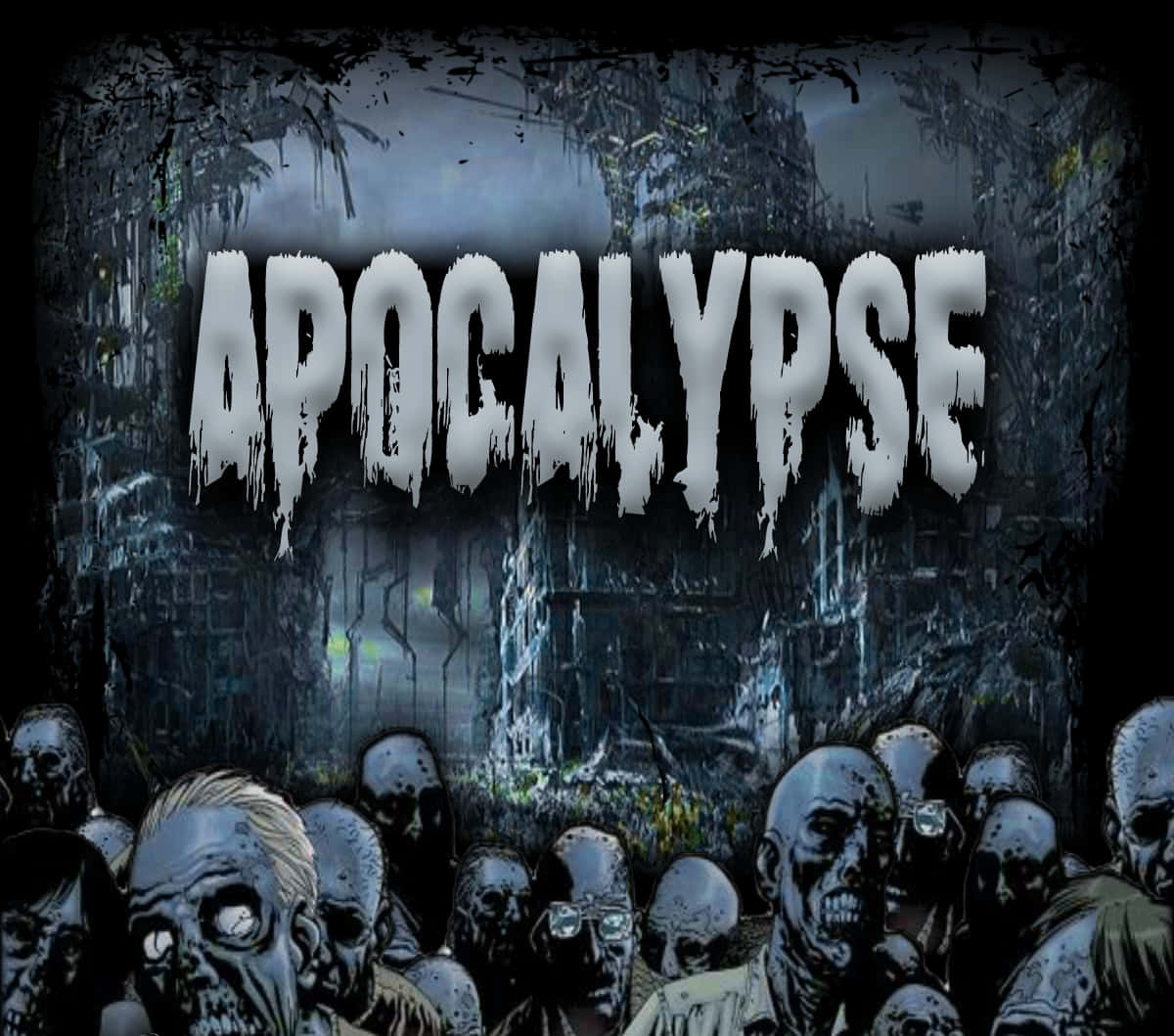 Apocalypse 桌布 壁紙 — 一張令人毛骨悚然的數位藝術海報，顯示一群殭屍在滴著液體字母的「APOCALYPSE」字樣下，穿過廢墟城市前進。