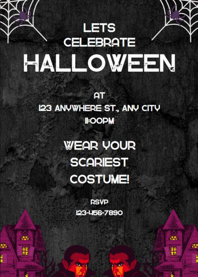 Halloween Invitations 桌布 壁紙 — 一張令人毛骨悚然的萬聖節派對邀請函，背景為龜裂的黑色，上有紫色鬼屋和憤怒的食屍鬼。