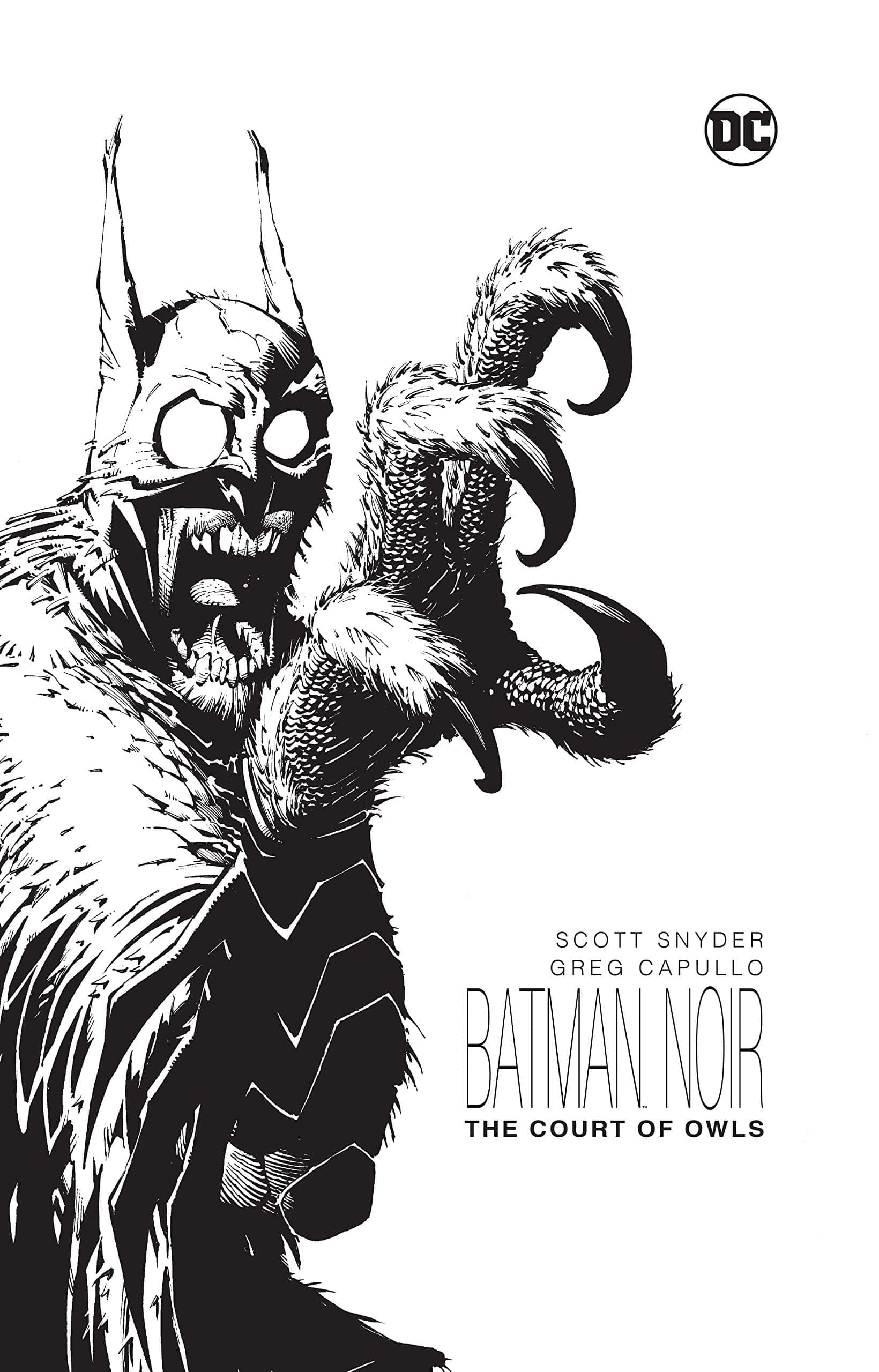 The Court Of Owls 桌布 壁紙 — 一張令人畏懼的黑白蝙蝠俠黑色漫畫封面，帶有發光的眼睛和爪狀手，背景為純白色。