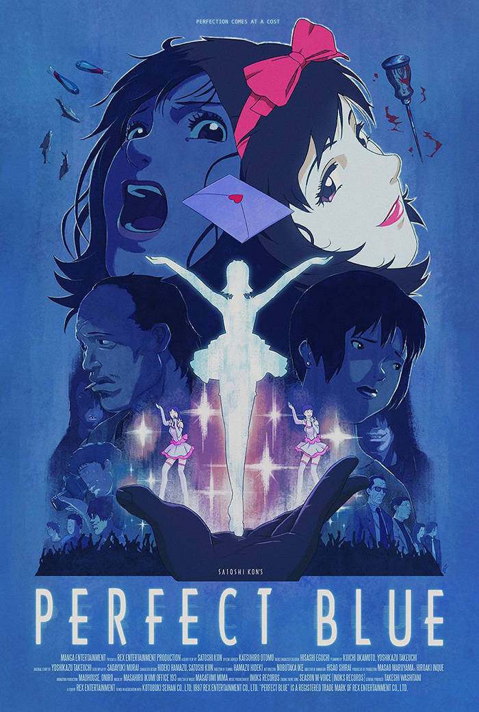 Mima Kirigoe《Perfect Blue》Satoshi Kon 壁紙 — 一張令人難忘的《完美藍》動畫海報，以深藍色背景為襯托，發光的芭蕾舞者剪影被表情豐富的臉孔包圍。