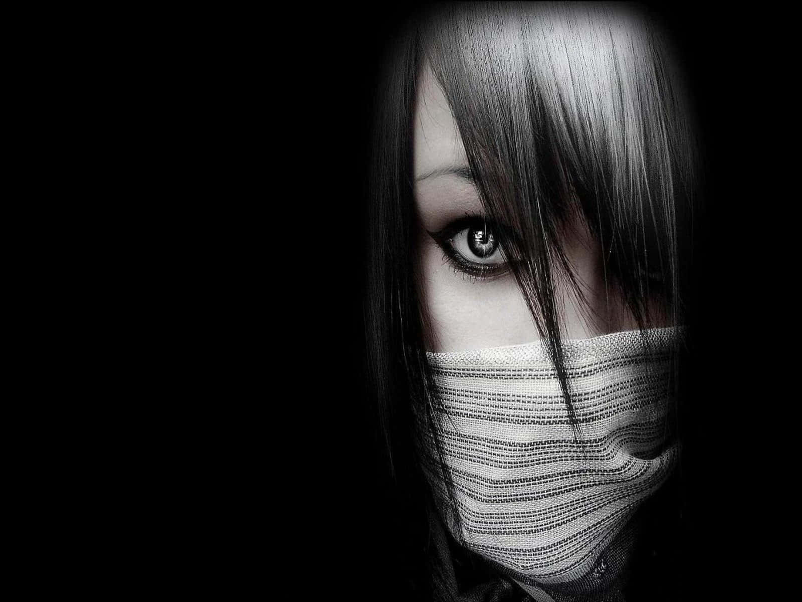 Dark Emo 桌布 壁紙 — 一張令人難忘的黑白肖像，人物的一隻眼睛透過深色頭髮可見，條紋布料遮蓋了下半臉，背景為黑色。