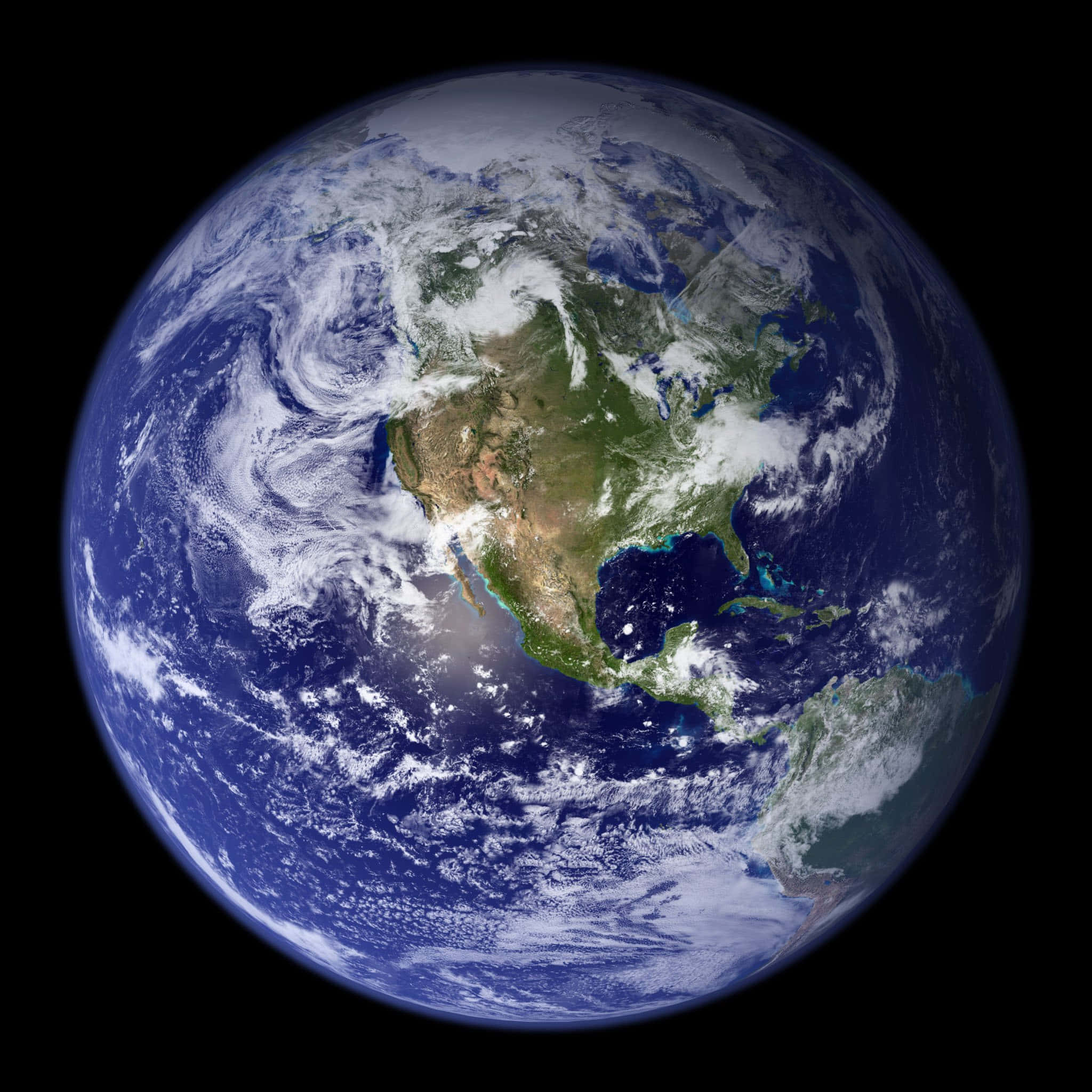 World 桌布 壁紙 — 一張令人驚嘆的地球衛星圖像，展示了被旋轉的白雲和深藍色海洋環繞的北美洲，背景是漆黑的太空。