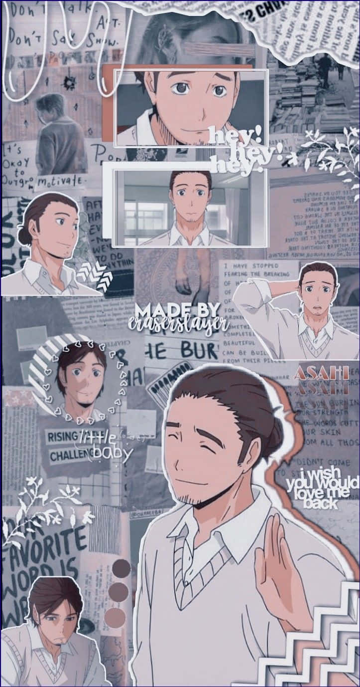 Asahi Azumane 桌布 壁紙 — 一張以柔和色調呈現的動漫角色 Asahi 拼貼畫，包含手寫語錄和撕紙質感。