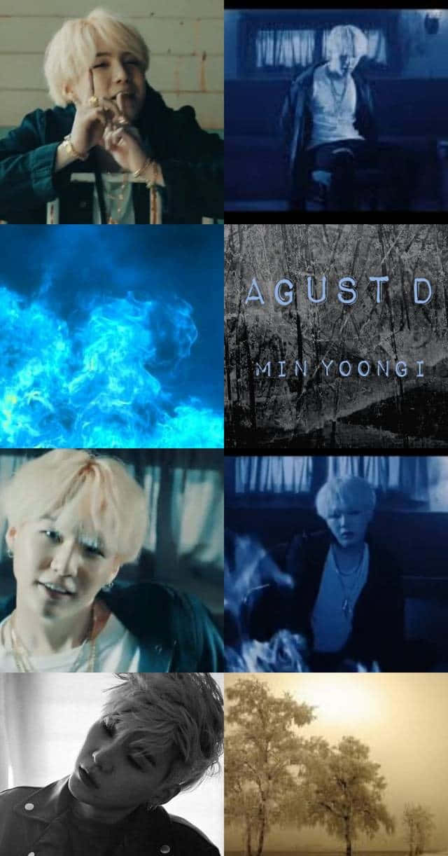 Agust D 桌布 壁紙 — 一張以藍色調為主的憂鬱風格照片拼貼，展示一位擁有鉑金色頭髮的人物在不同姿勢和場景中的模樣。