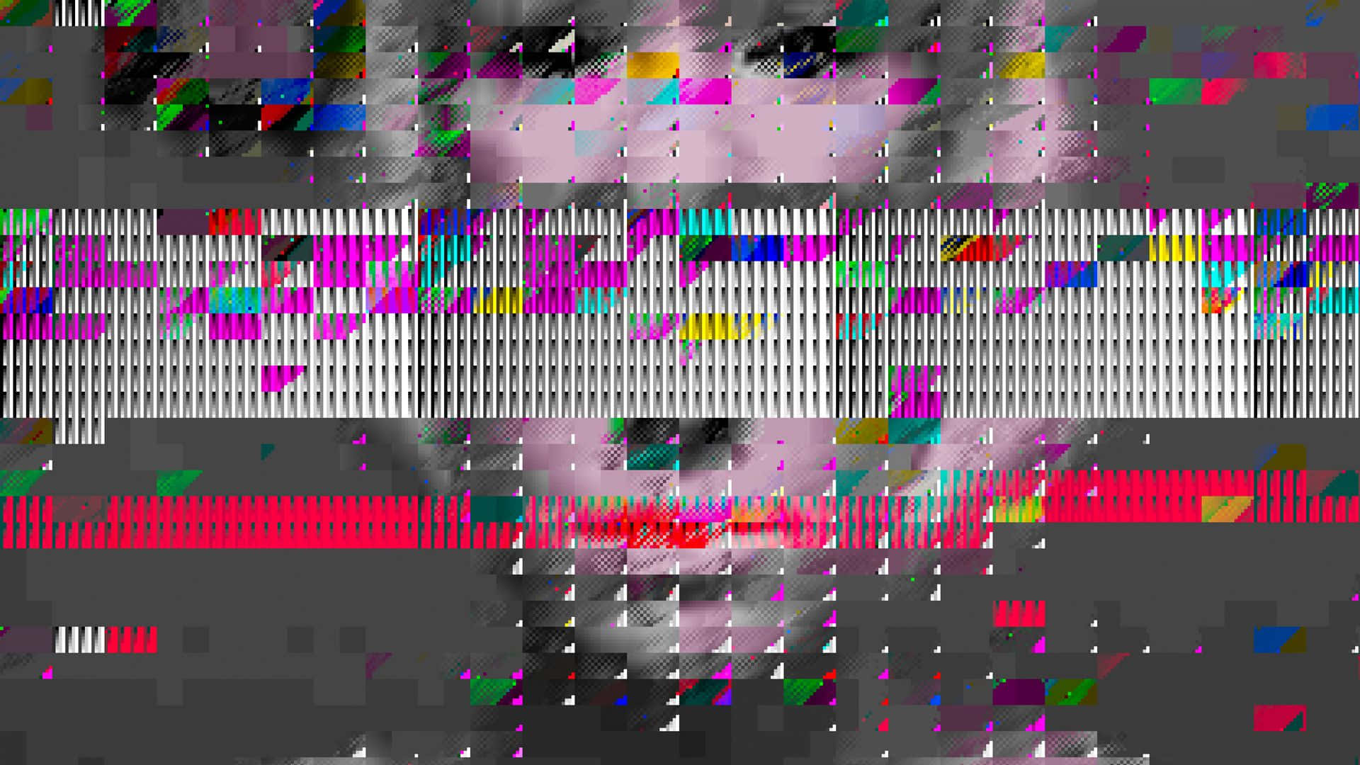Glitch Effect 桌布 壁紙 — 一張以鮮豔數位雜訊和水平像素化條紋碎片化的人臉故障藝術肖像。
