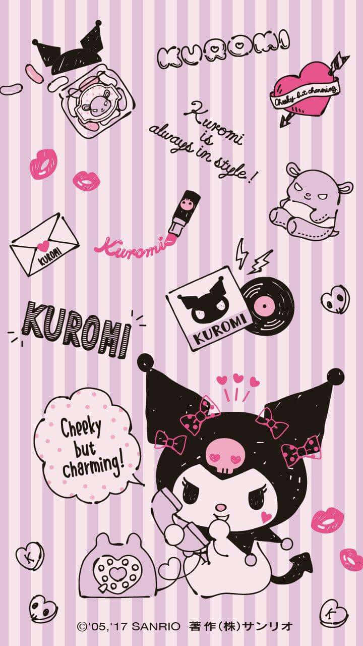 Kuromi Aesthetic 桌布 壁紙 — 一張俏皮的卡通壁紙，Kuromi 被心形、嘴唇和塗鴉環繞在粉紅色條紋背景上。