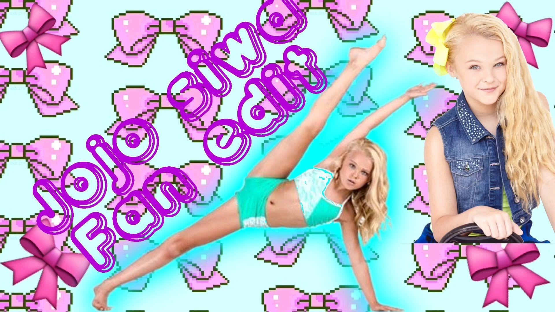 jojo siwa 桌布 壁紙 — 一張像素化的 Jojo Siwa 粉絲編輯圖，展示她以劈腿姿勢站在粉紅色蝴蝶結和紫色文字名字的背景前。