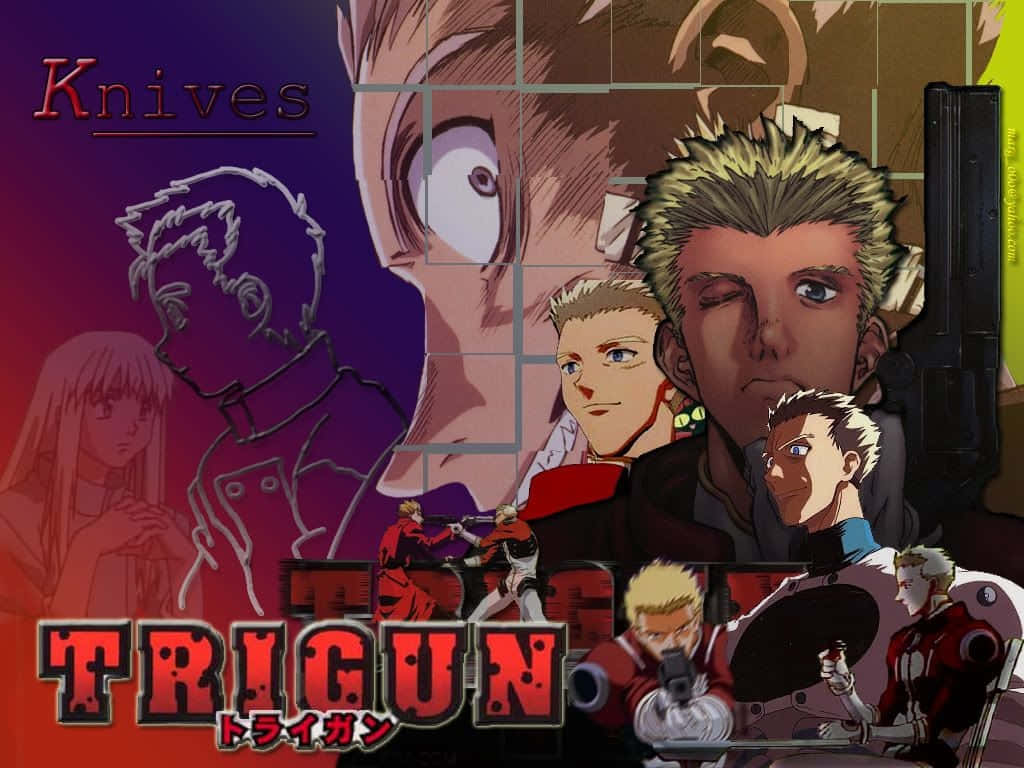 Vash the Stampede — Trigun 壁紙 — 一張充滿動感的動漫壁紙， featuring 多個來自《Trigun》的角色，帶有粗體紅色標題文字和從紫色到紅色的戲劇性漸變背景。