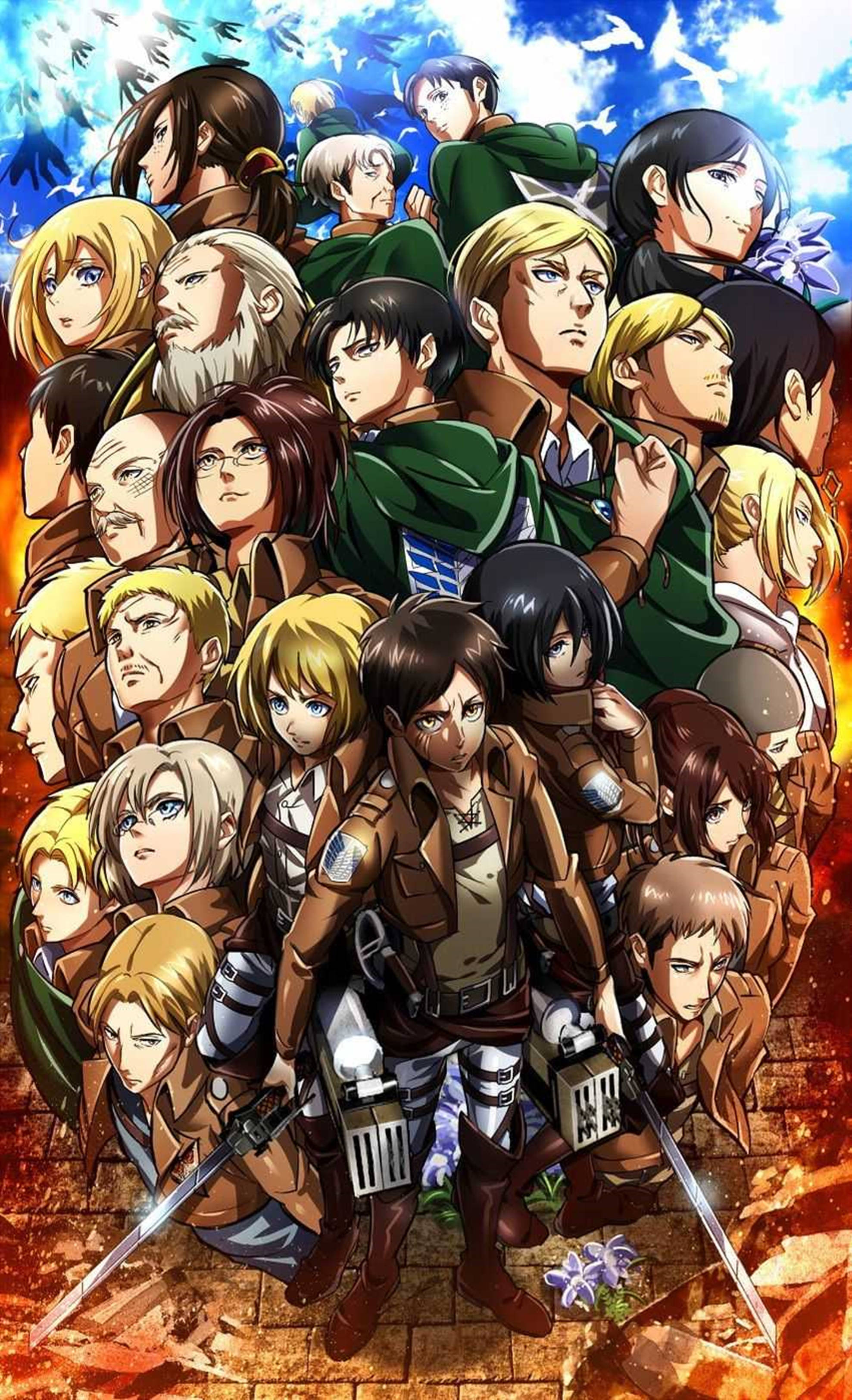 Japanese Anime 桌布 壁紙 — 一張充滿動感的動漫海報，描繪一群身穿棕色制服、意志堅定的士兵，在火熱的天空下揮舞著劍，鳥兒飛翔。