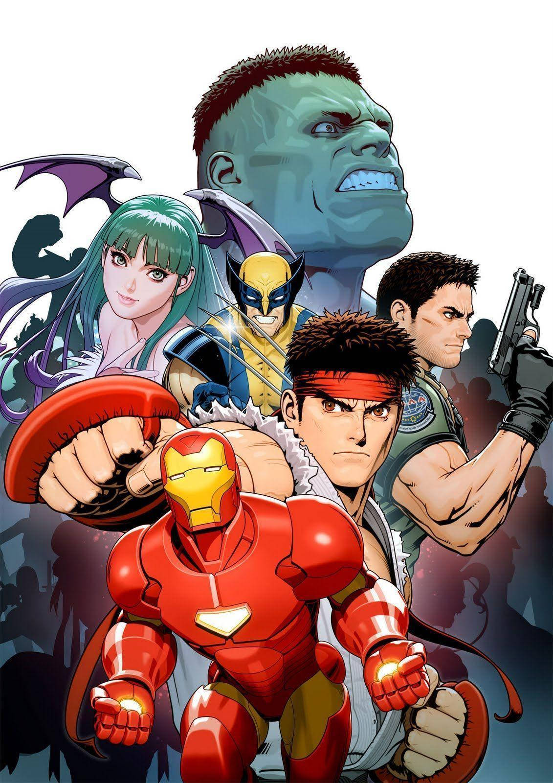Capcom And Marvel Characters 壁紙 — 一張充滿動感的動漫風格海報，以 Iron Man、Hulk、Wolverine 及其他超級英雄在黑暗背景下擺出英雄姿勢。