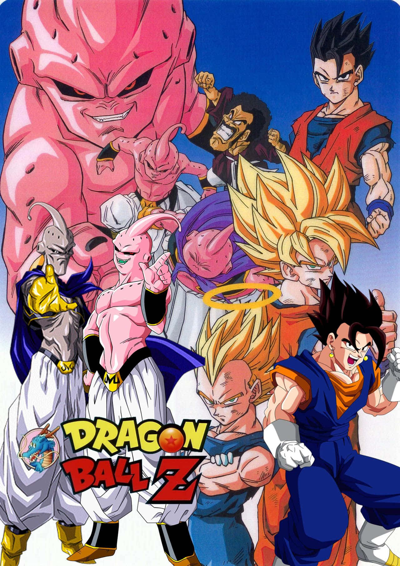 Buu Saga 桌布 壁紙 — 一張充滿動感的動畫海報，以悟空、比達和菲利等標誌性龍珠Z角色為特色，以英雄和反派姿態襯托大膽的藍天。