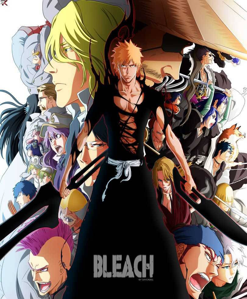 Bleach iPhone 桌布 壁紙 — 一張充滿動感的動畫海報，以橙色頭髮的主角為中心，周圍環繞著各種表情豐富的角色，擺出戲劇性的姿勢。