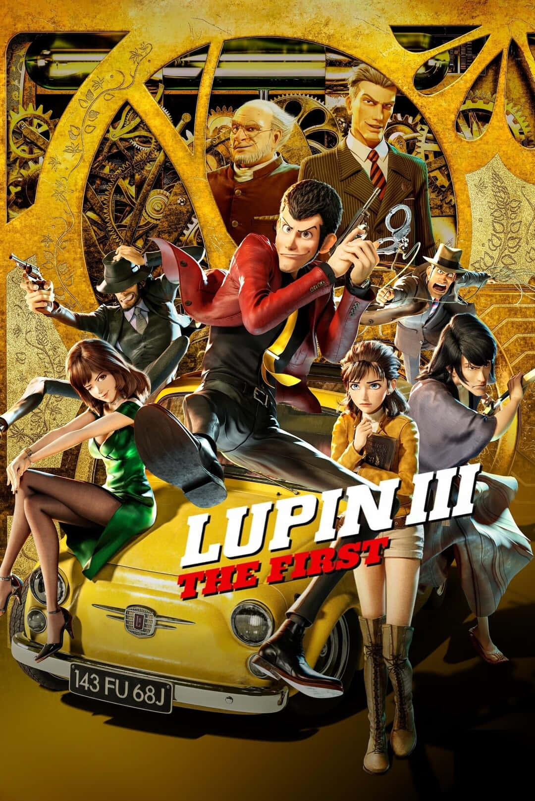 lupin iii 桌布 壁紙 — 一張充滿動感的動畫海報，描繪魯邦三世和他的團隊在一輛黃色汽車周圍戲劇性地擺姿勢，背景是金色齒輪。