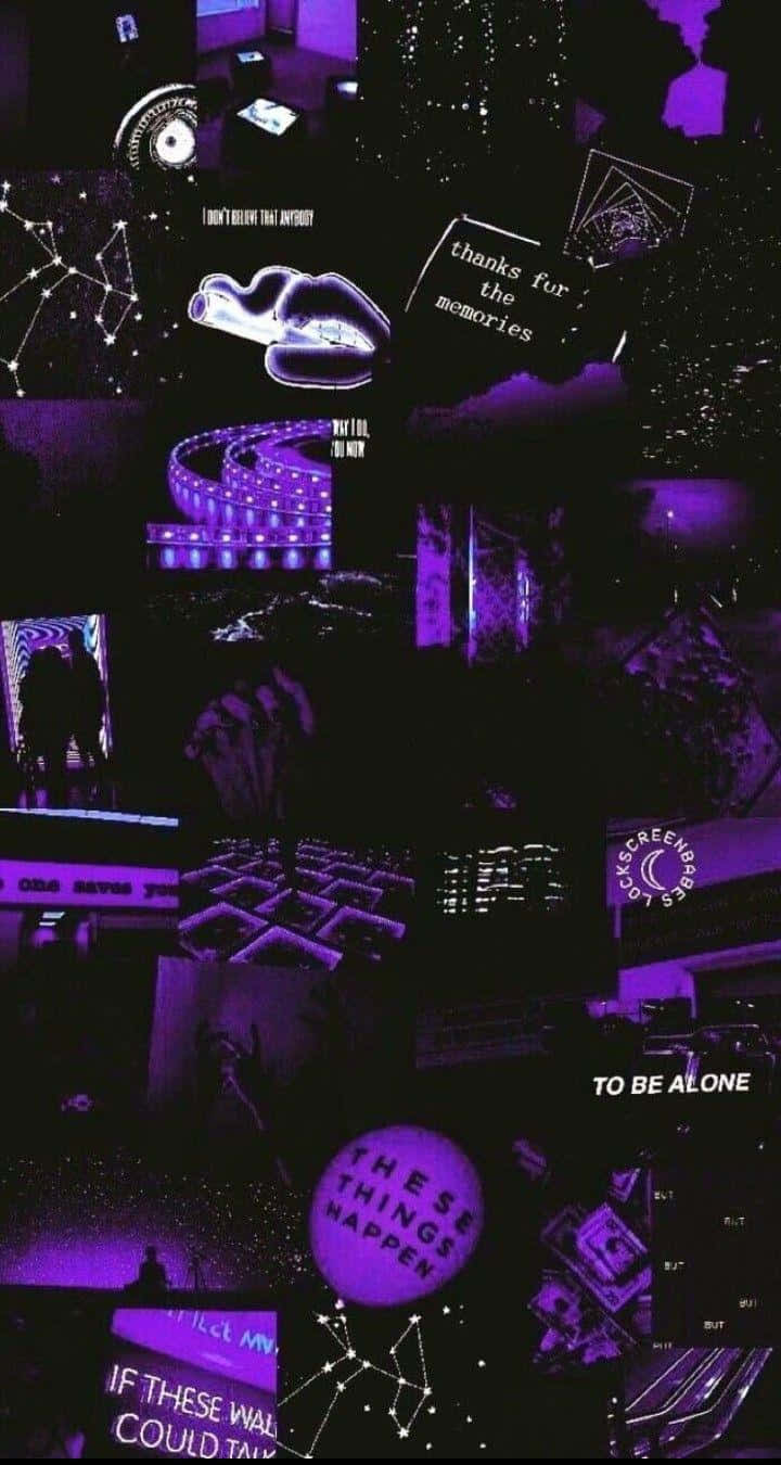 Aesthetic Grunge Phone 桌布 壁紙 — 一張充滿情緒的紫色拼貼畫，融合數位故障藝術、手寫語錄和抽象形狀，營造懷舊的賽博龐克美學。