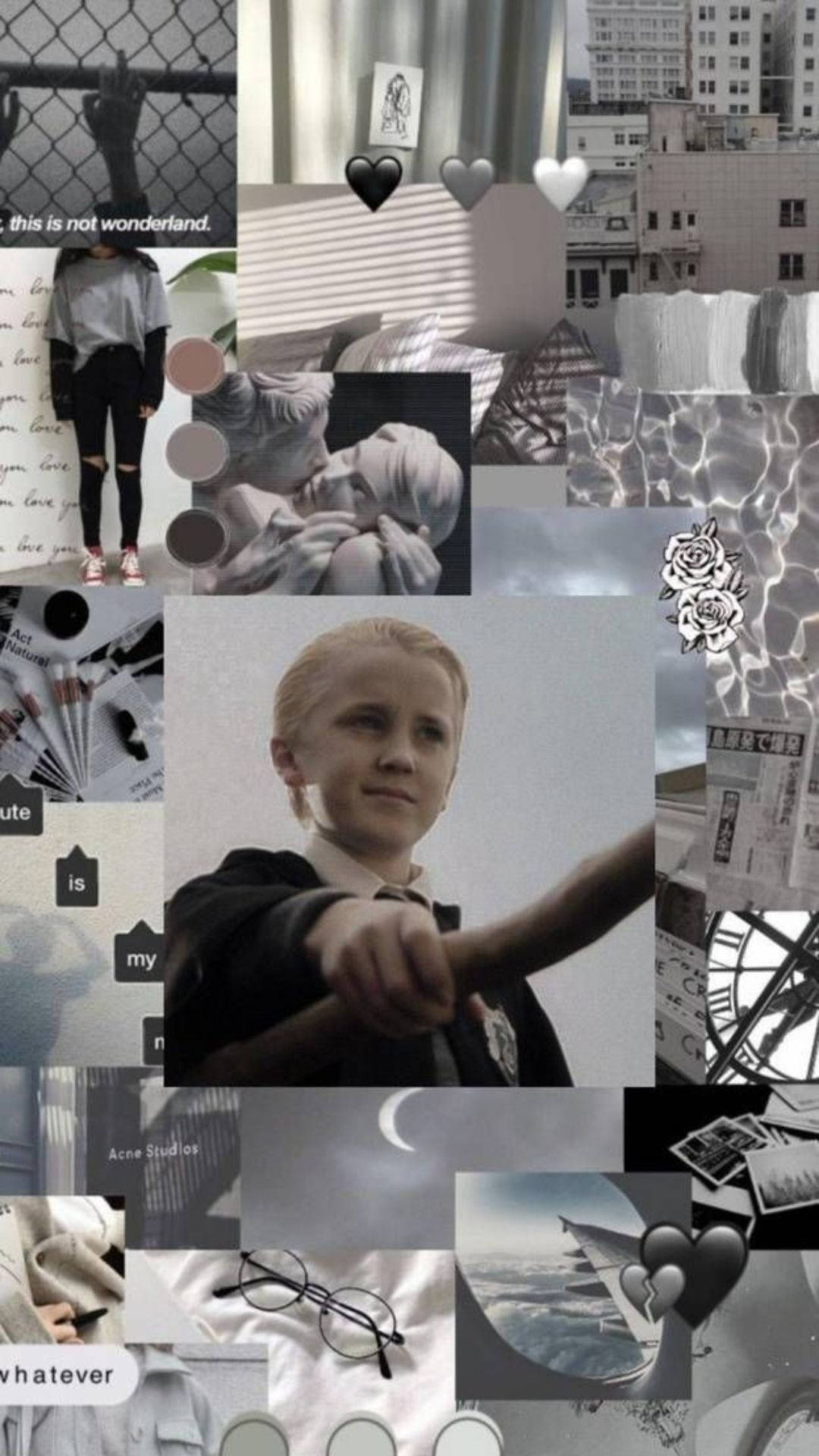 Pinterest Aesthetic 桌布 壁紙 — 一張充滿氛圍的黑白拼貼畫，以哈利波特角色為中心，結合城市景觀、浪漫圖案和抽象紋理。