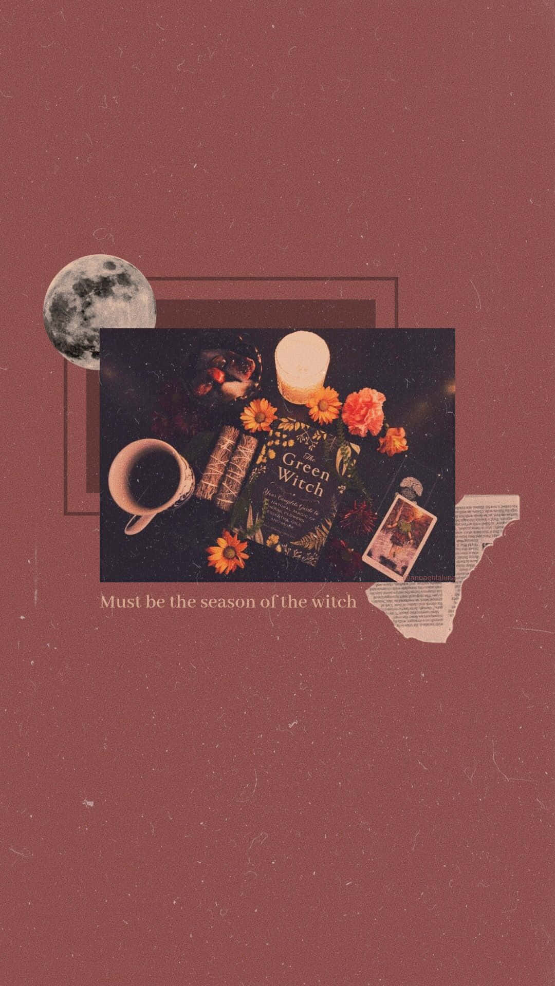 Witch Aesthetic 桌布 壁紙 — 一張充滿氣氛的拼貼畫，包含月亮蠟燭、書本和花朵等巫術物品，背景為塵土玫瑰色。
