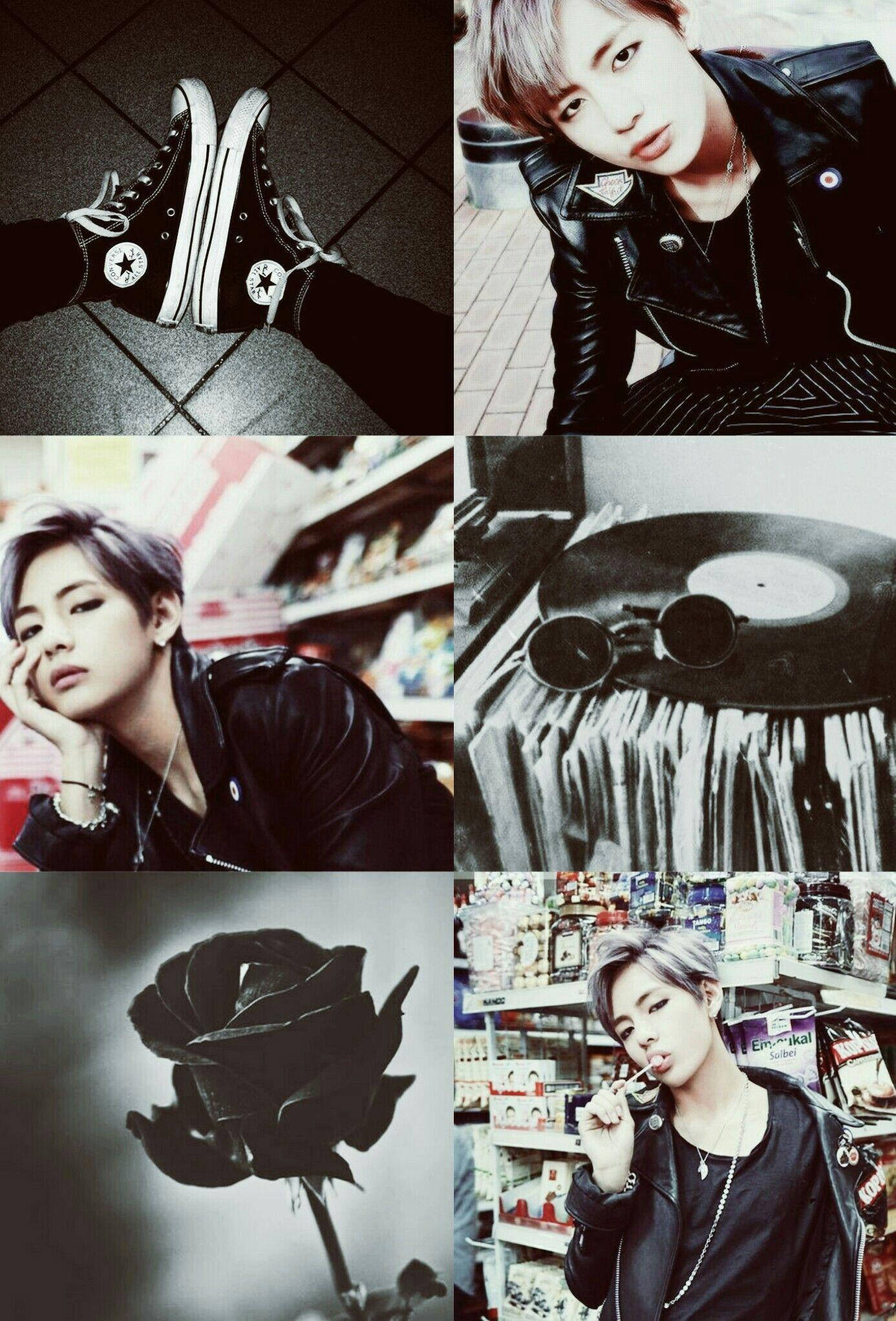 black and white aesthetic grid 桌布 壁紙 — 一張充滿氣氛的黑白拼貼畫，描繪一位穿著皮衣的年輕男子、Converse 運動鞋、一朵黑玫瑰，以及唱片行裡的黑膠唱片。