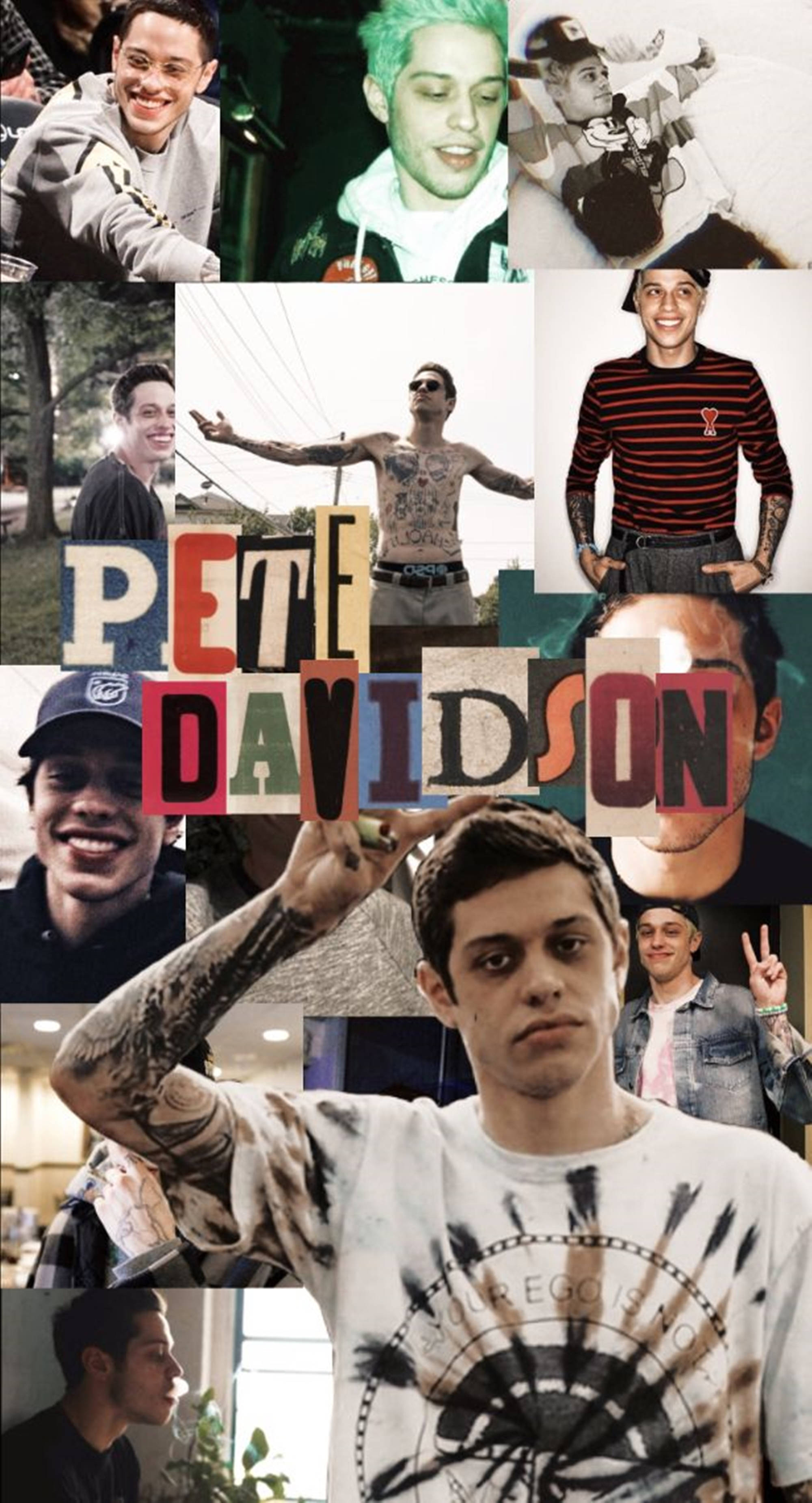 Celebrity 桌布 壁紙 — 一張充滿活力的 Pete Davidson 拼貼畫，展示了他各種隨意的姿勢和服裝，並以粗體彩色字母拼出他的名字。