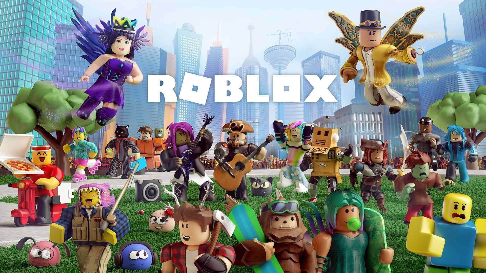 Cool Roblox 桌布 壁紙 — 一張充滿活力的 Roblox 宣傳圖片，以未來城市天際線為背景，展示多種方塊造型的虛擬角色穿著色彩繽紛的服裝。