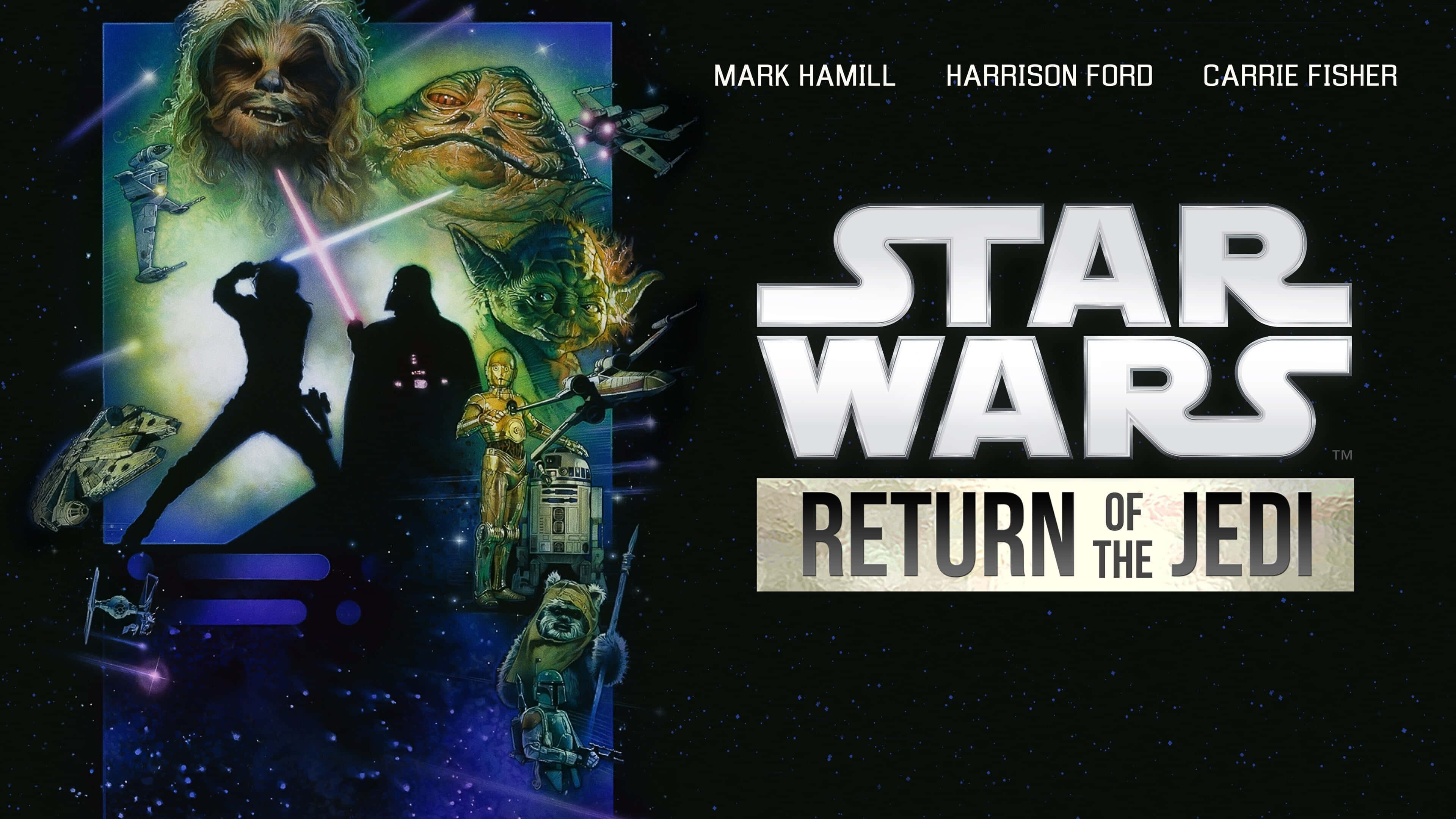 Return Of The Jedi 桌布 壁紙 — 一張充滿活力的《星球大戰：武士復仇》海報，以丘巴卡、尤達和達斯維達等標誌性角色為特色，背景是宇宙。