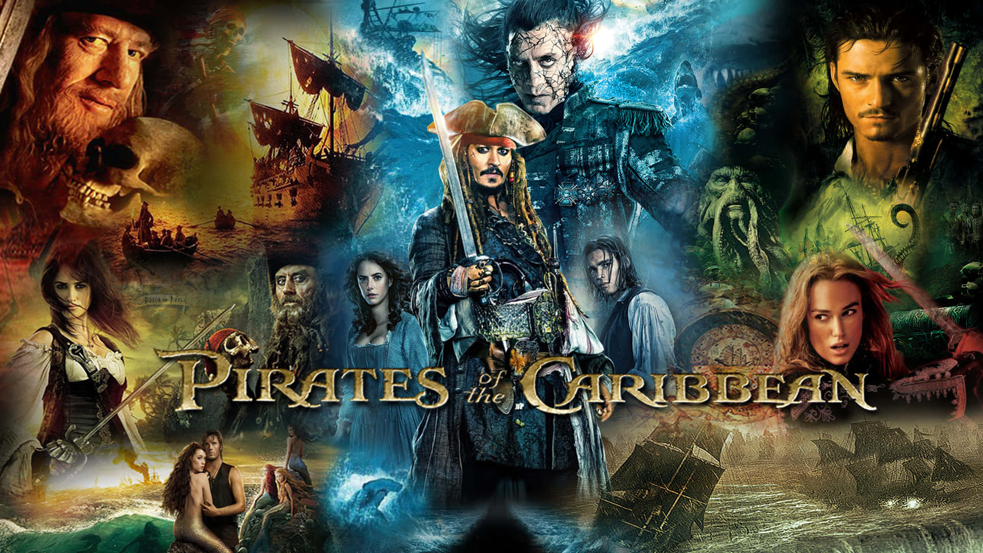 Pirates Of The Caribbean 桌布 壁紙 — 一張充滿活力的《魔盜王》電影海報， featuring 積克·史派羅和其他角色， amidst 船隻和超自然元素。