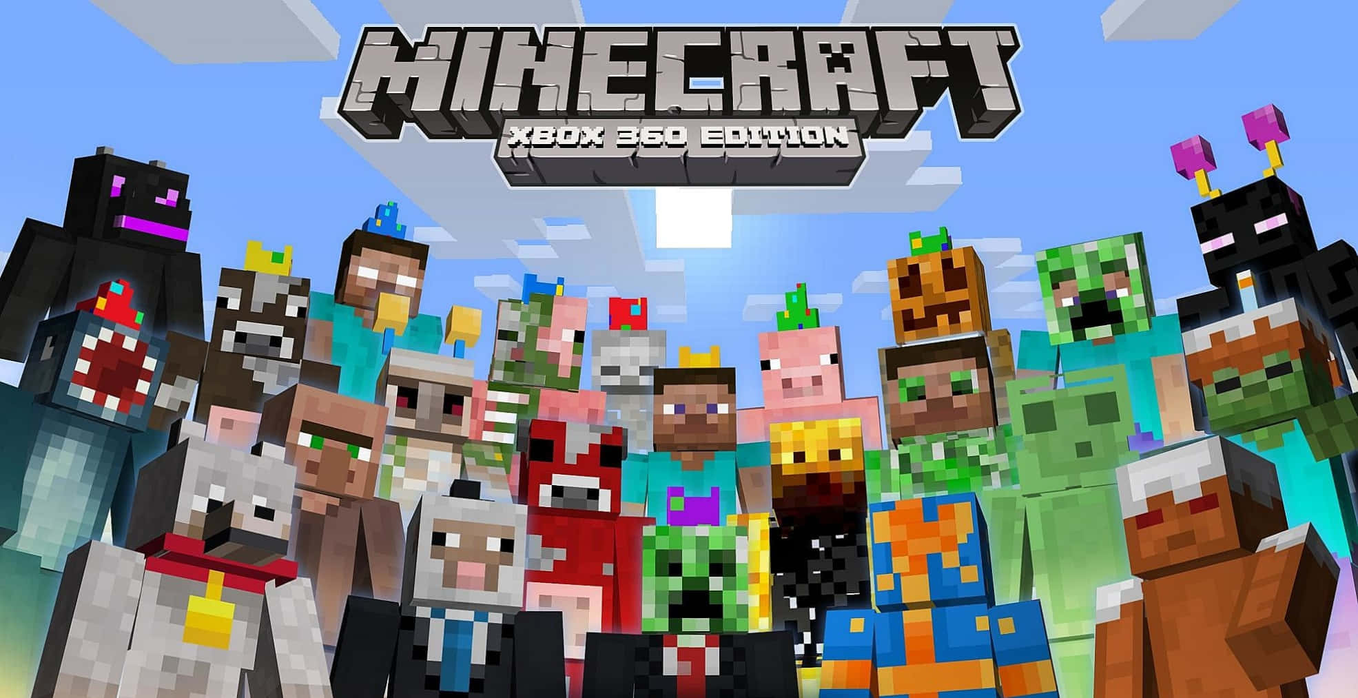 型格 Minecraft 桌布 壁紙 — 一張充滿活力的Minecraft Xbox 360 Edition宣傳圖片，在明亮的藍天下展示了一組多樣化的像素方塊角色。