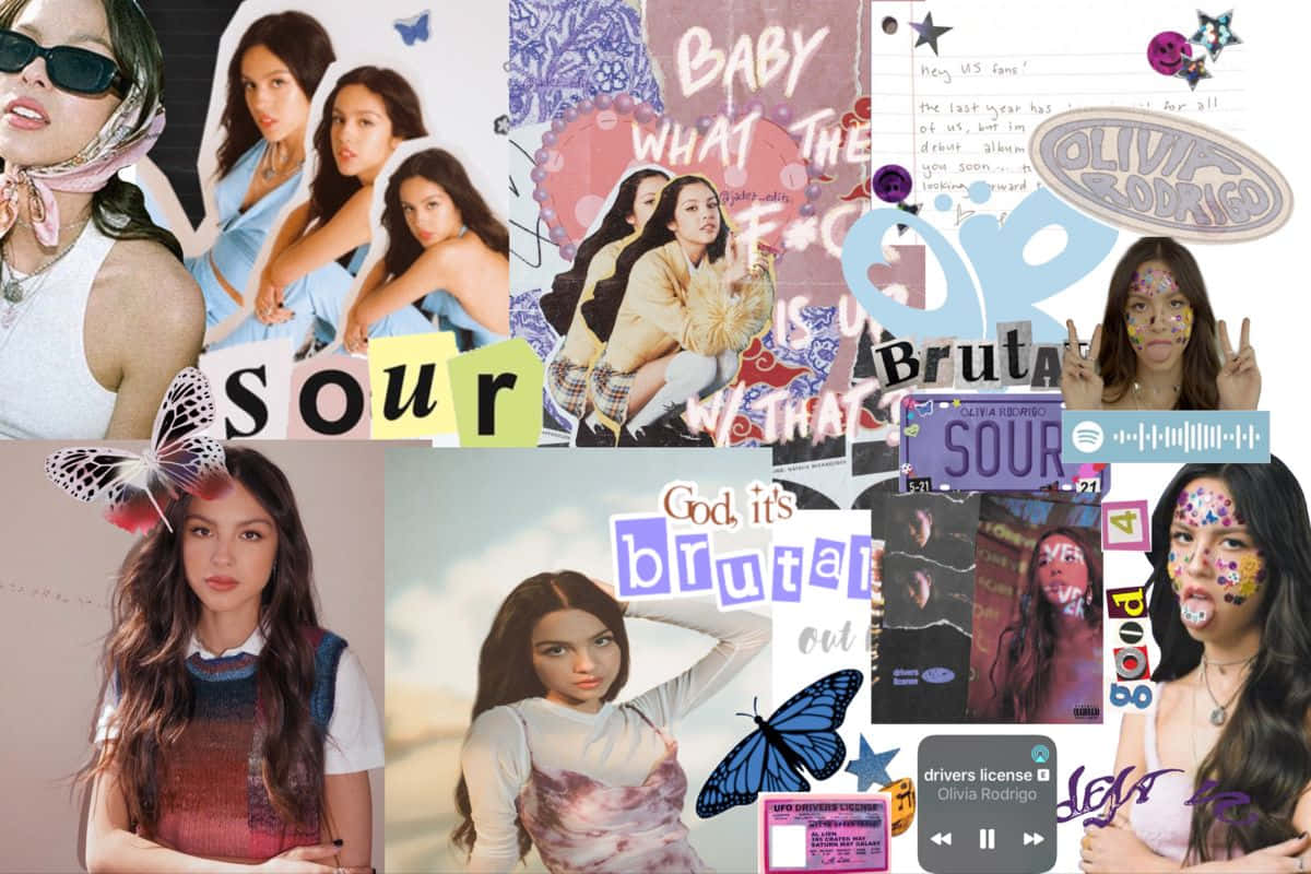 Olivia Rodrigo 桌布 壁紙 — 一張充滿活力的Olivia Rodrigo音樂視覺拼貼畫，包含專輯藝術、蝴蝶、歌詞和粉絲藝術，色彩大膽。