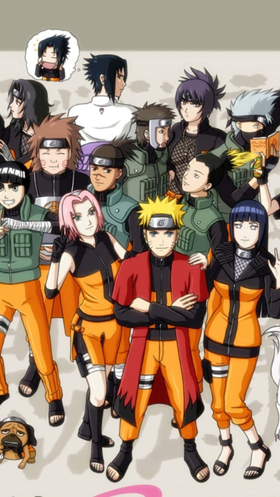Naruto's Friend 桌布 壁紙 — 一張充滿活力的動漫團體照，描繪了鳴人和他的朋友們穿著標誌性的橙色和黑色忍者服裝一起擺姿勢。