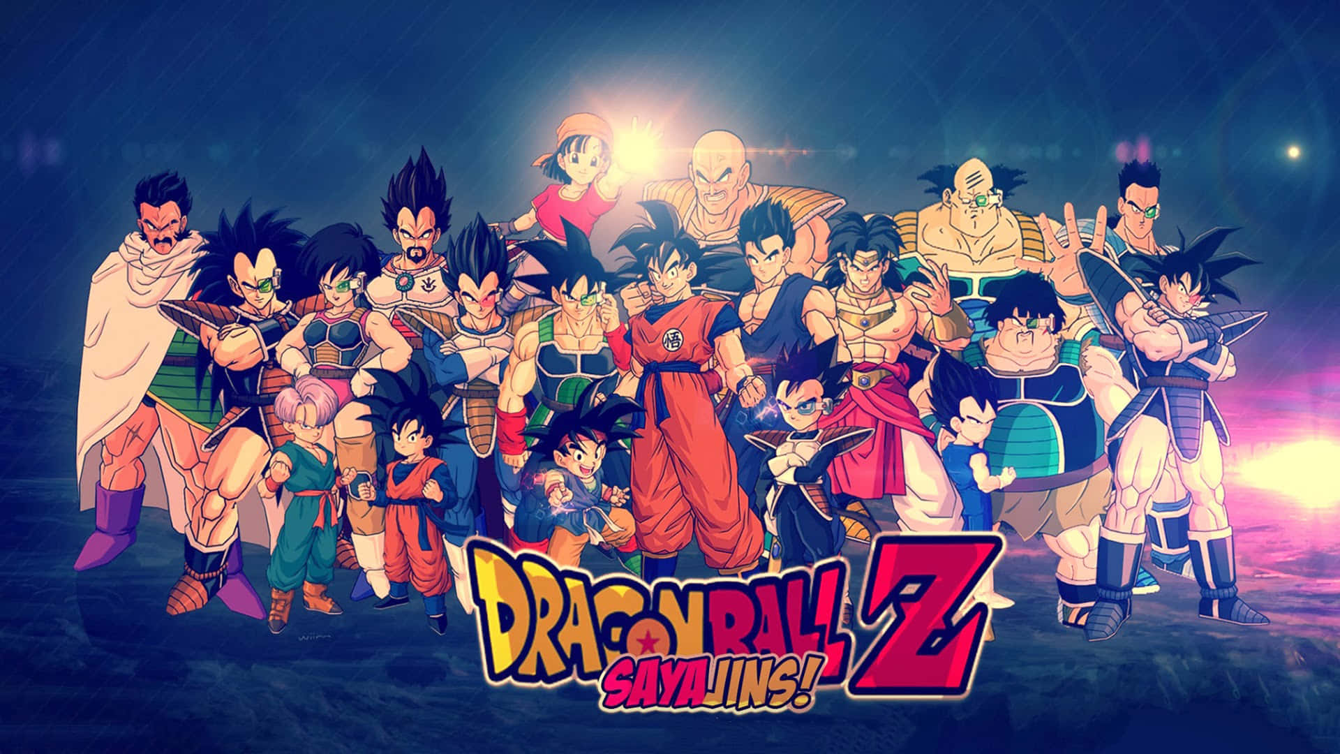 Dragon Ball Z Characters 桌布 壁紙 — 一張充滿活力的動漫團體照，龍珠Z的賽亞人在宇宙背景下以英雄姿態擺出姿勢，帶有發光能量效果。