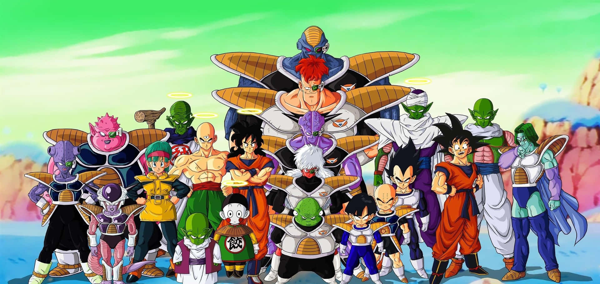 Dragon Ball Characters 桌布 壁紙 — 一張充滿活力的動漫團體照，龍珠角色在超現實的綠色天空下英勇地擺姿勢。